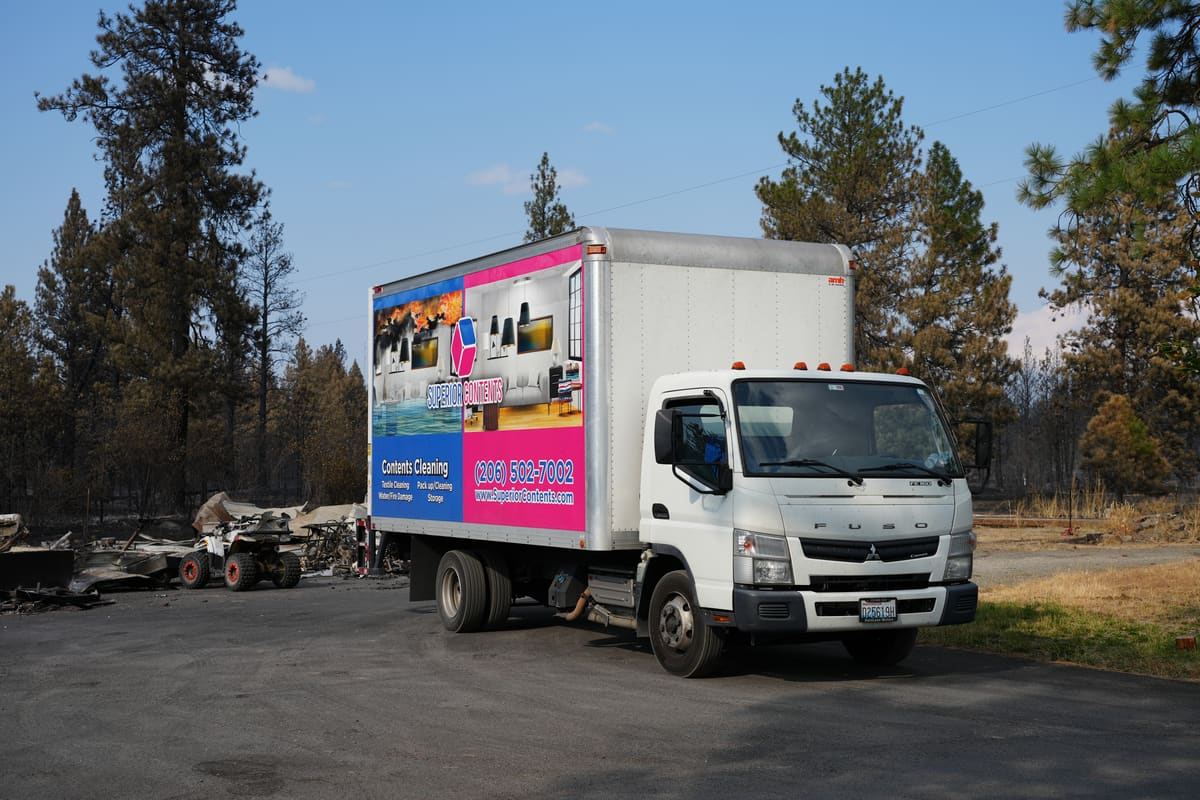A branded Superior Contents truck on site at a property loss in the Idaho area