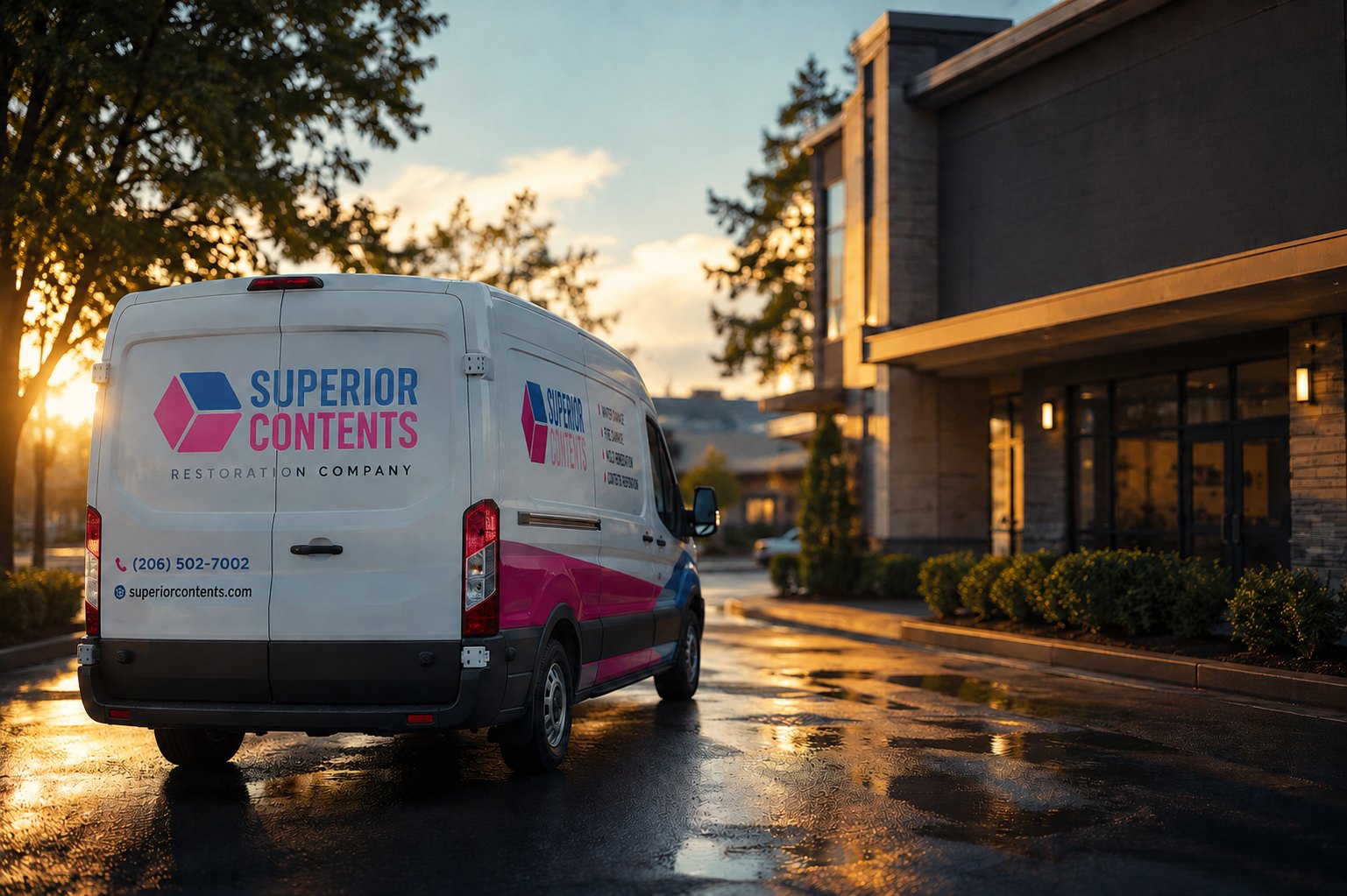 A branded Superior Contents Restoration van at dusk outside a commercial building